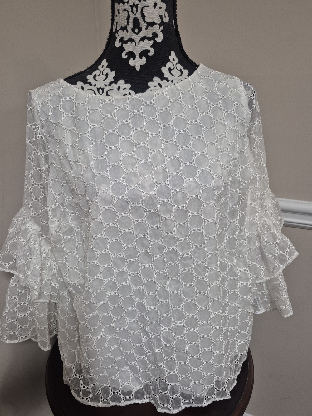 Kaari Blue White Eyelet Ruffle Sleeve Blouse